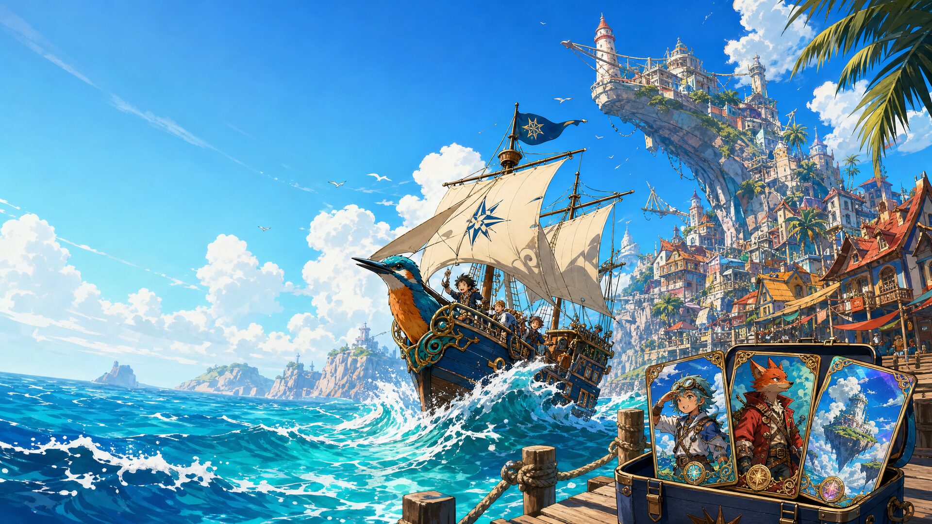Animeinspirerad hamnstad med segelfartyg, vågor och fantasifulla samlarkort.